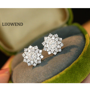 LUOWEND 18K White Gold Real Natural Diamond Earrings for Women