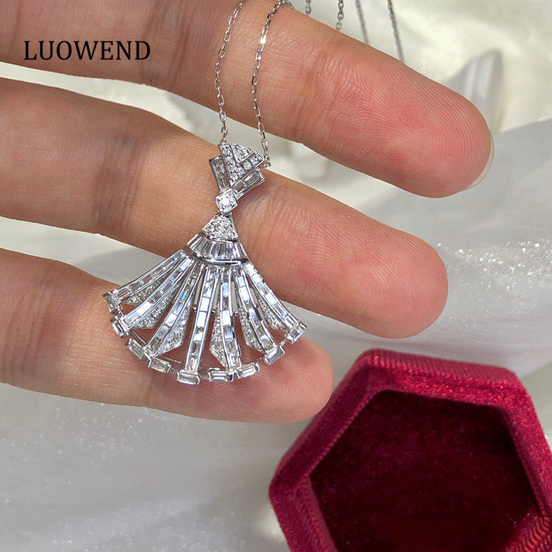 LUOWEND 18K White Gold Real Natural Diamond Pendant Necklace for Women