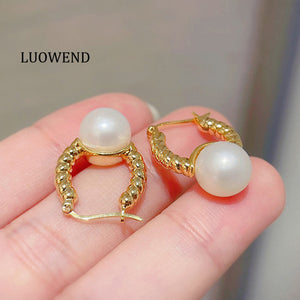 LUOWEND 18K Yellow Gold Real Natural Pearl Earrings for Women