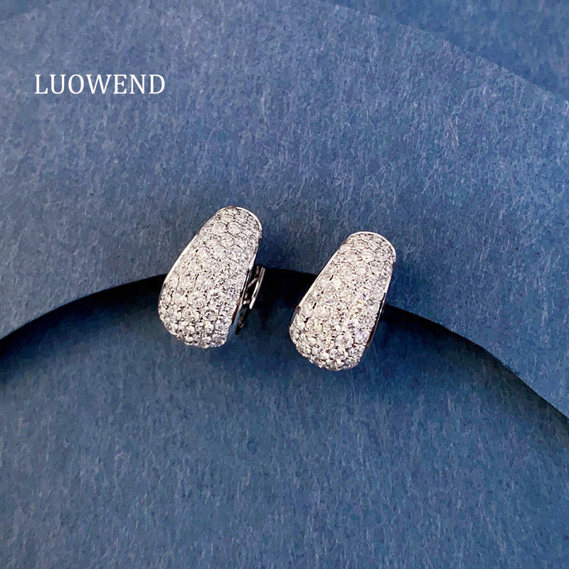 LUOWEND 18K White Gold Natural Diamond Hoop Earrings for Women