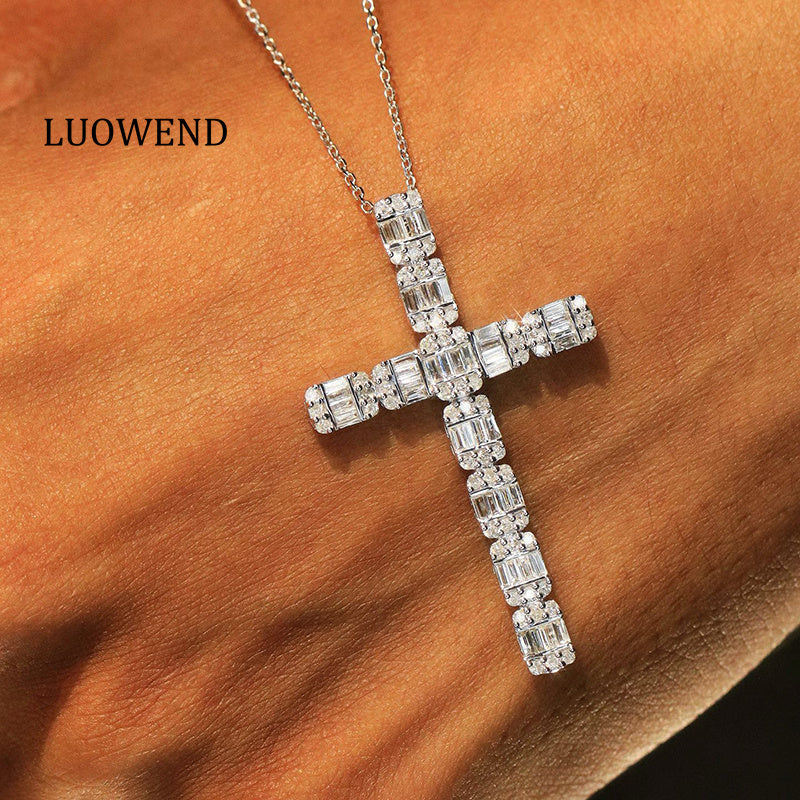 LUOWEND 18K White Gold Natural Diamond Pendant Necklace for Women