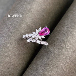 LUOWEND  18K White Gold Natural Diamond and Sapphire Ring for Women