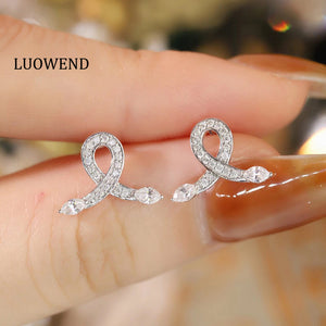 LUOWEND 18K White Gold Real Natural Diamond Stud Earrings for Women