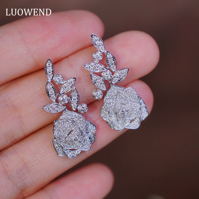 LUOWEND 18K White Gold Real Natural Diamond Drop Earrings for Women