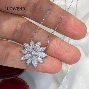 LUOWEND 18K White Gold Real Natural Diamond Pendant Necklace for Women