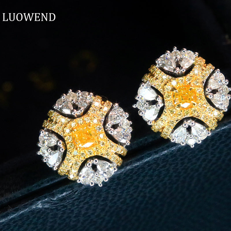 LUOWEND 18K White Gold Real Natural Diamond Stud Earrings for Women