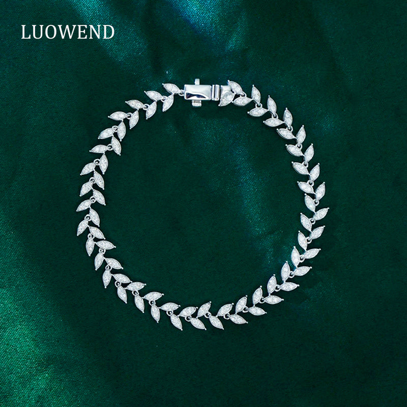 LUOWEND 18K White Gold Real Natural Diamond Bracelet for Women