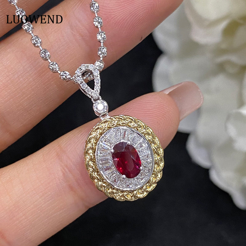 LUOWEND 18K White and Yellow Gold Real Natural Ruby Gemstone Necklace for Women