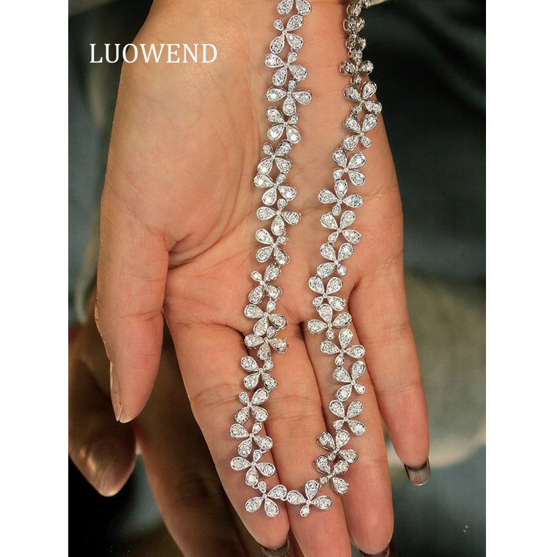 LUOWEND 18K White Gold Natural Diamond Necklace for Women