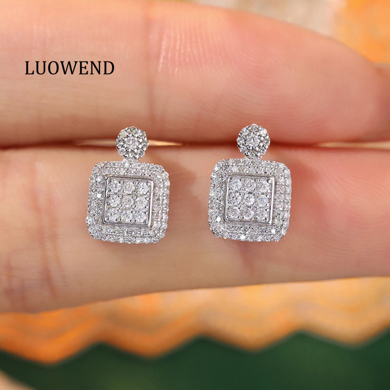 LUOWEND 18K White Gold Real Natural Diamond Stud Earrings for Women