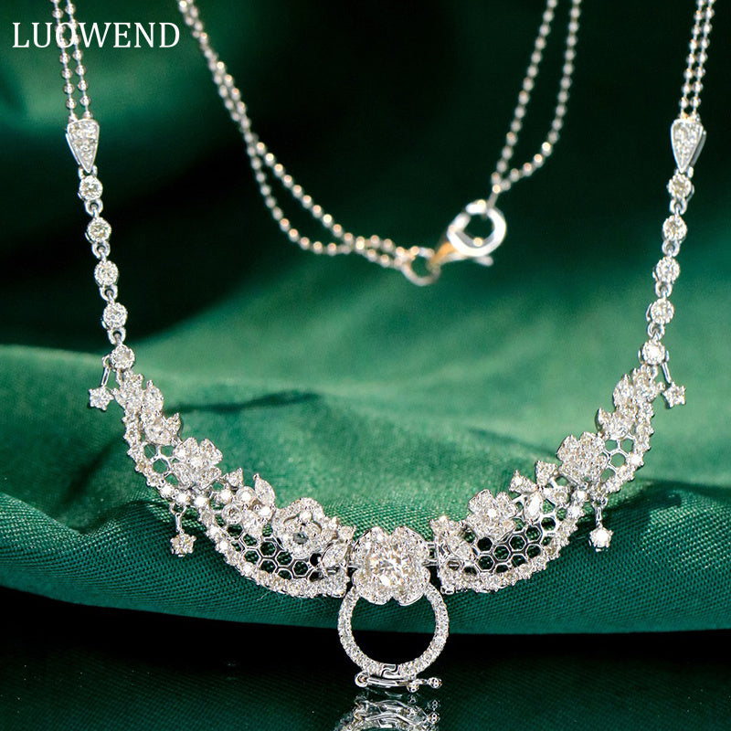 LUOWEND 18K White Gold Real Natural Diamond Necklace for Women