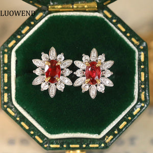 LUOWEND 18K White and Yellow Gold Real Natural Ruby and Diamond Gemstone Earrings for Women