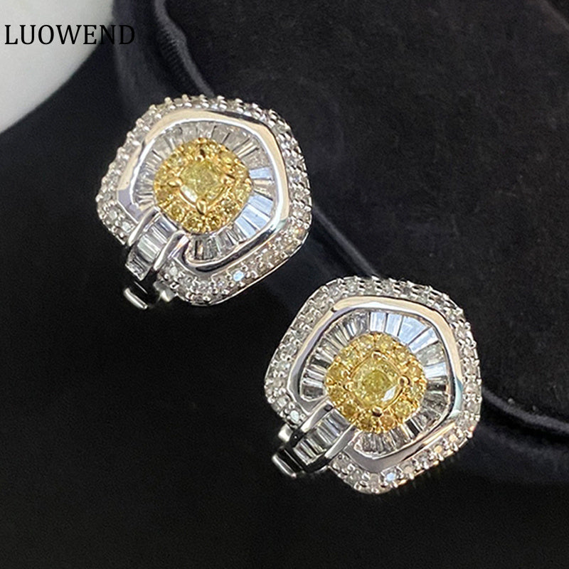 LUOWEND 18K White Gold Real Natural Diamond Stud Earrings for Women
