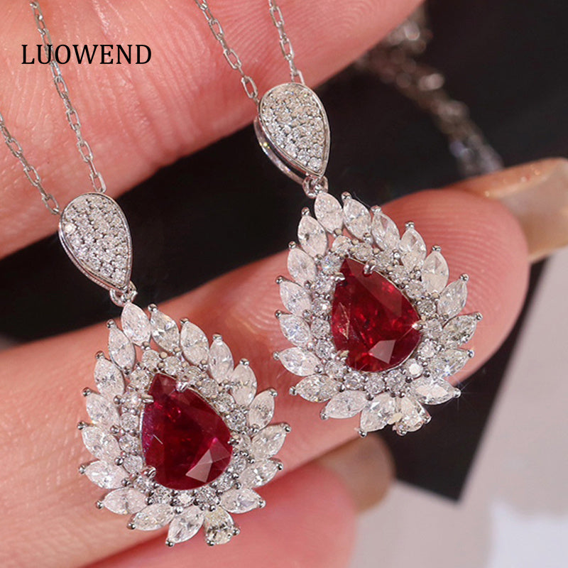 LUOWEND 18K White Gold Real Natural Ruby and Diamond Gemstone Necklace for Women