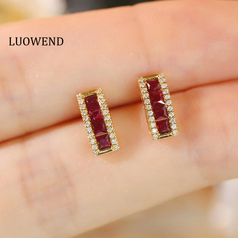 LUOWEND 18K Yellow Gold Real Natural Ruby and Diamond Earrings for Women