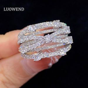 LUOWEND 18K White Gold Real Natural Diamond Ring for Women