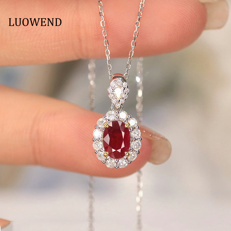 LUOWEND 18K White and Yellow Gold Real Natural Ruby and Diamond Gemstone Necklace for Women