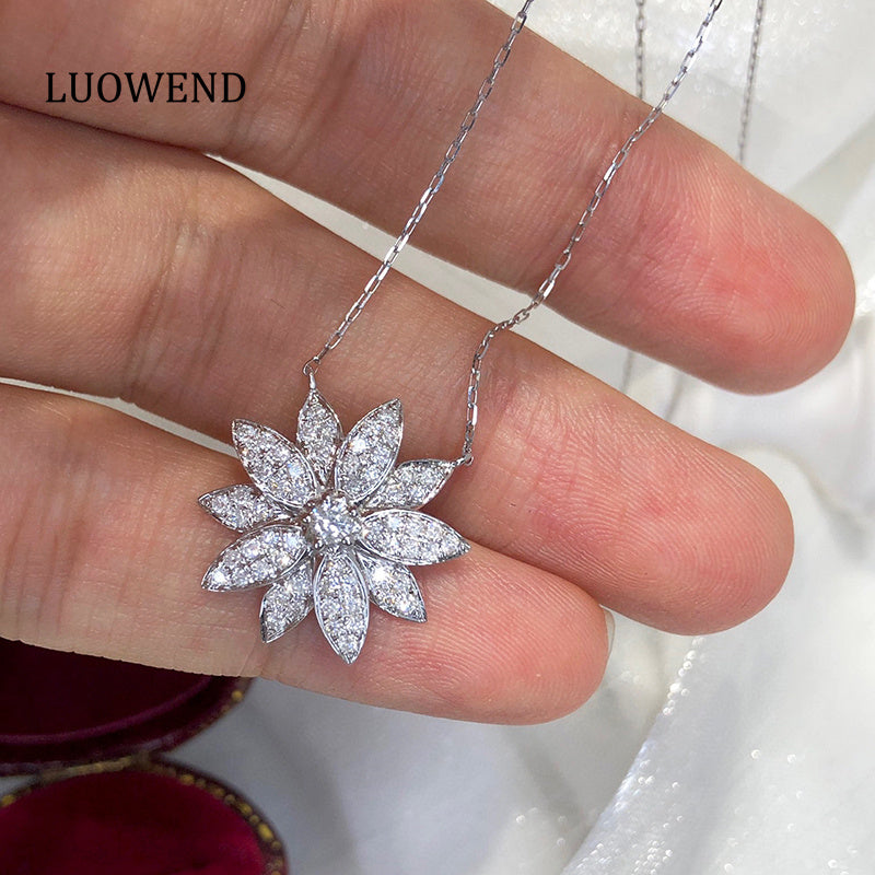 LUOWEND 18K White Gold Real Natural Diamond Pendant Necklace for Women