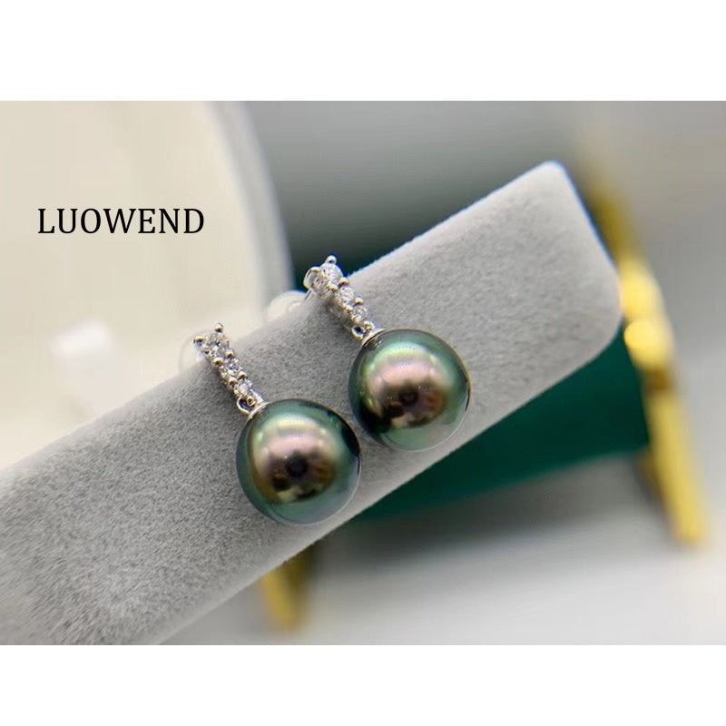 LUOWEND 18K White Gold Real Natural Tahiti Black Pearl Earrings for Women