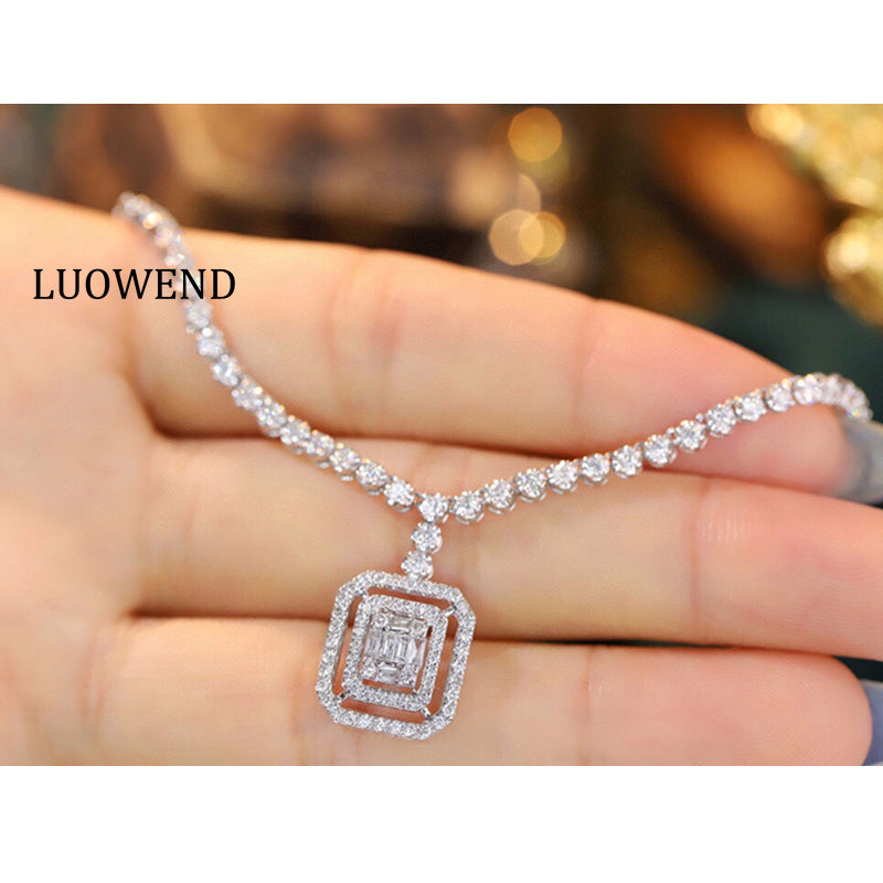 LUOWEND 18K White Gold Real Natural Diamond Necklace for Women