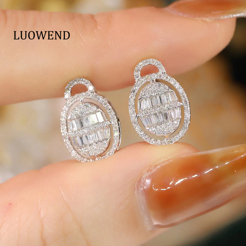 LUOWEND 18K White Gold Real Natural Diamond Stud Earrings for Women