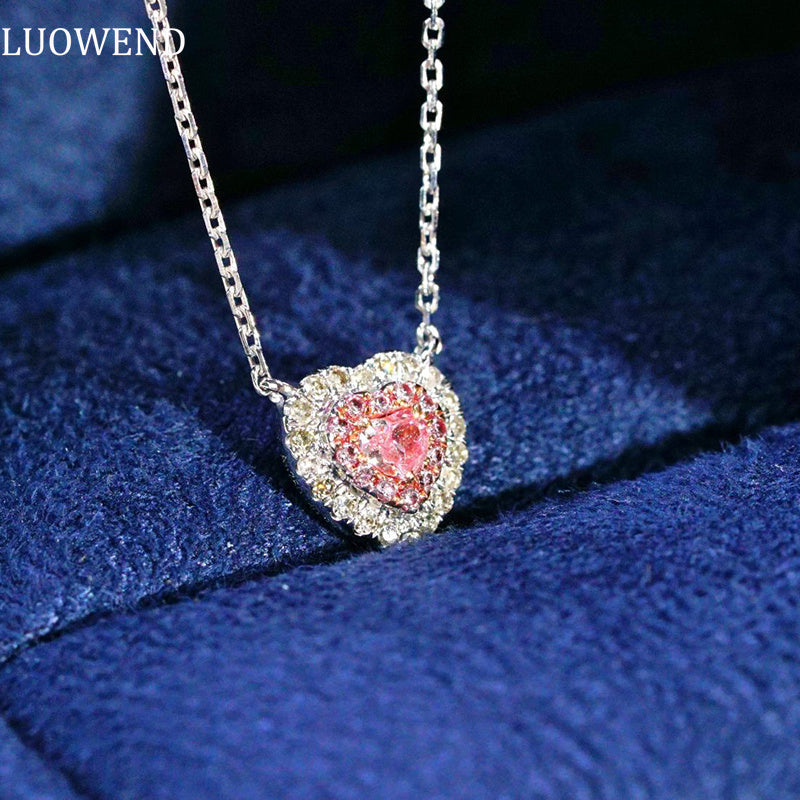LUOWEND 18K White Gold Real Natural Pink Diamond Pendant Necklace for Women