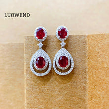 Load image into Gallery viewer, LUOWEND 18K White Gold Real Natural Diamond and Ruby Earrings for Women
