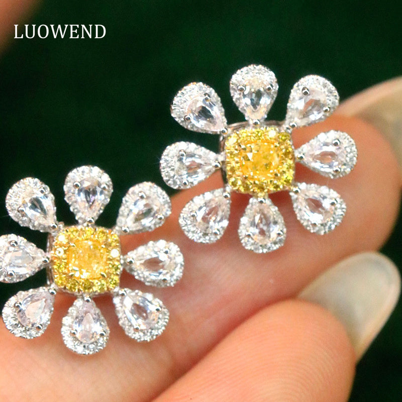 LUOWEND 18K White Gold Real Natural Yellow Diamond Stud Earrings for Women