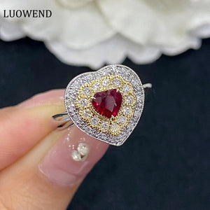 LUOWEND 18K White and Yellow Gold Real Natural Ruby Gemstone Ring for Women