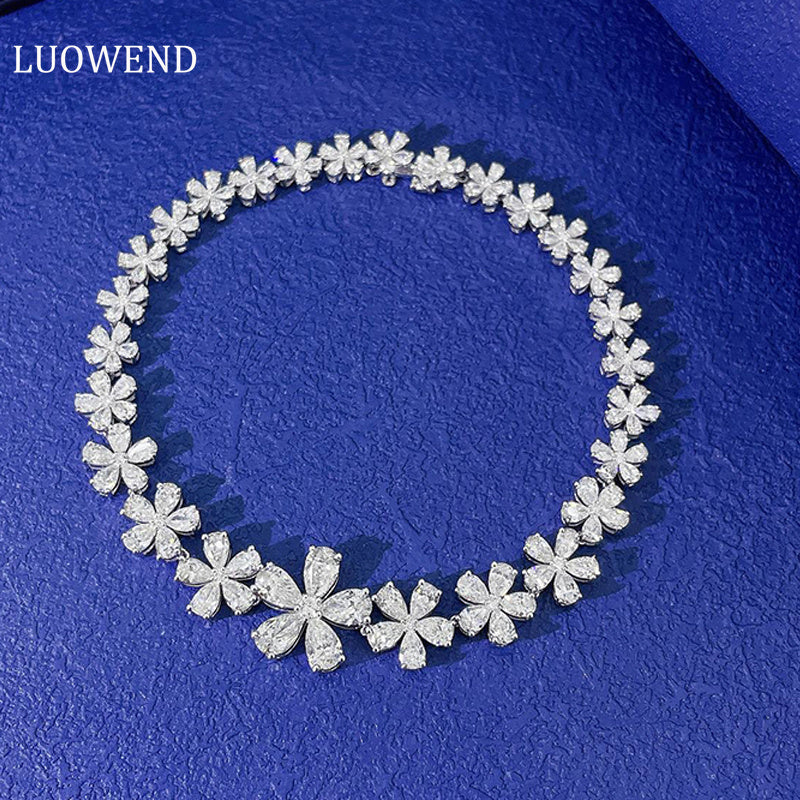 LUOWEND 18K White Gold Real Natural Diamond Bracelet for Women