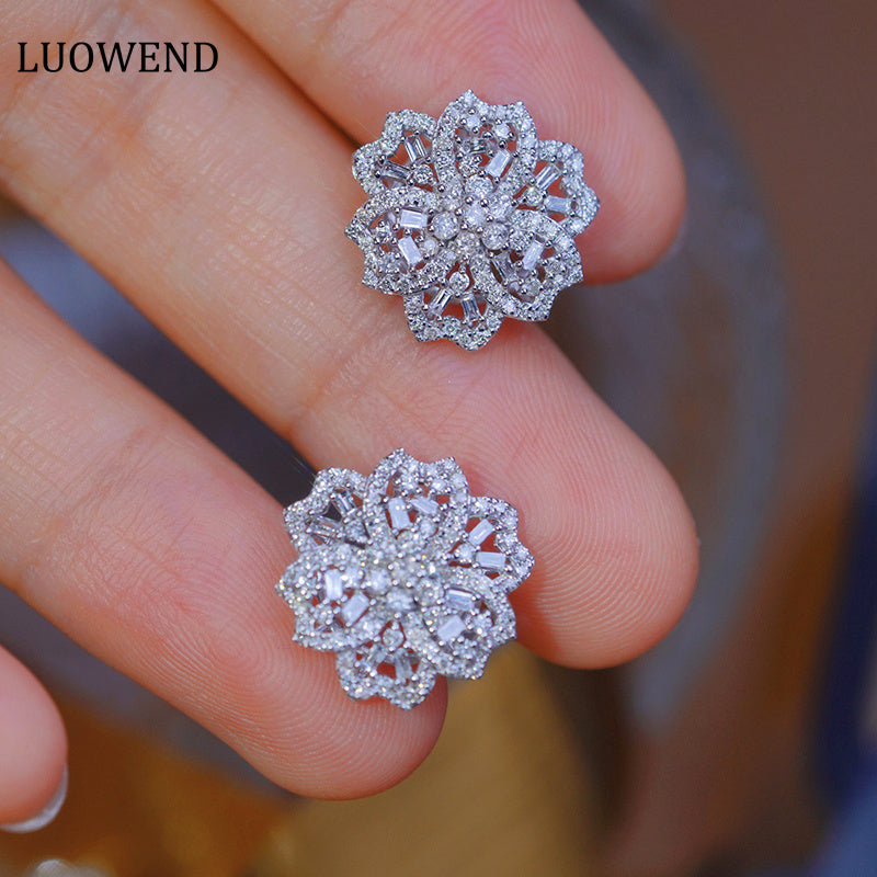 LUOWEND 18K White Gold Real Natural Diamond Earring for Women