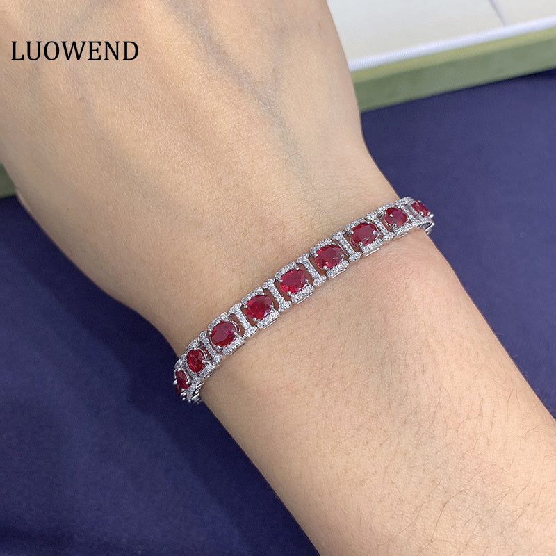 LUOWEND 18K White Gold Real Natural Ruby and Diamond Gemstone Bracelet for Women