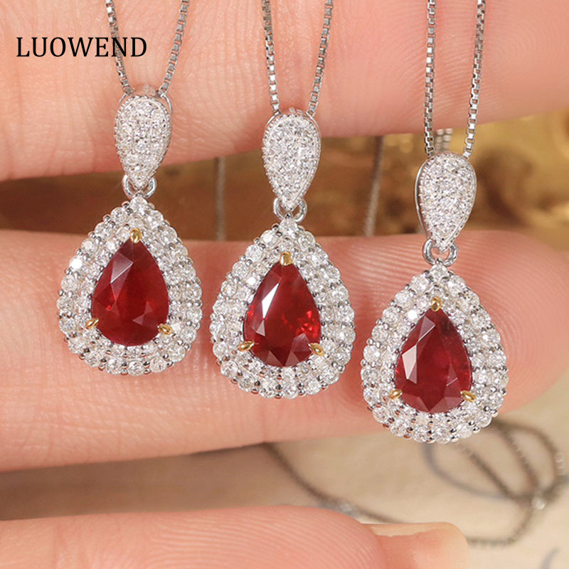 LUOWEND 18K White and Yellow Gold Real Natural Ruby and Diamond Gemstone Necklace for Women