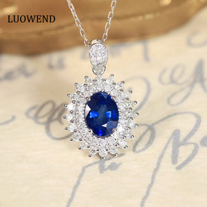 LUOWEND 18K White Gold Real Natural Sapphire and Diamond Gemstone Necklace for Women