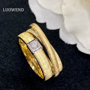 LUOWEND 18K Yellow Gold Real Natural Diamond Ring for Women