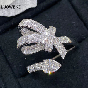 LUOWEND 18K White Gold Real Natural Diamond Ring for Women