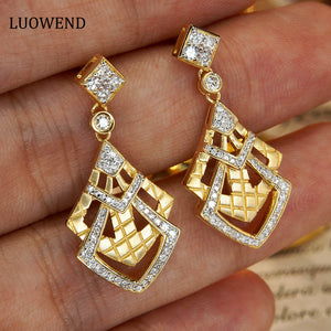 LUOWEND 18K White and Yellow Gold Real Natural Diamond Drop Earrings for Women
