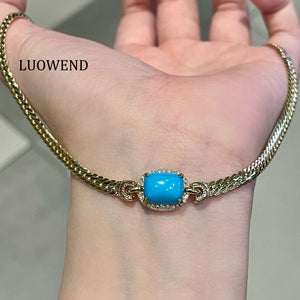 LUOWEND 18K Yellow Gold Natural Turquoise Necklace for Women