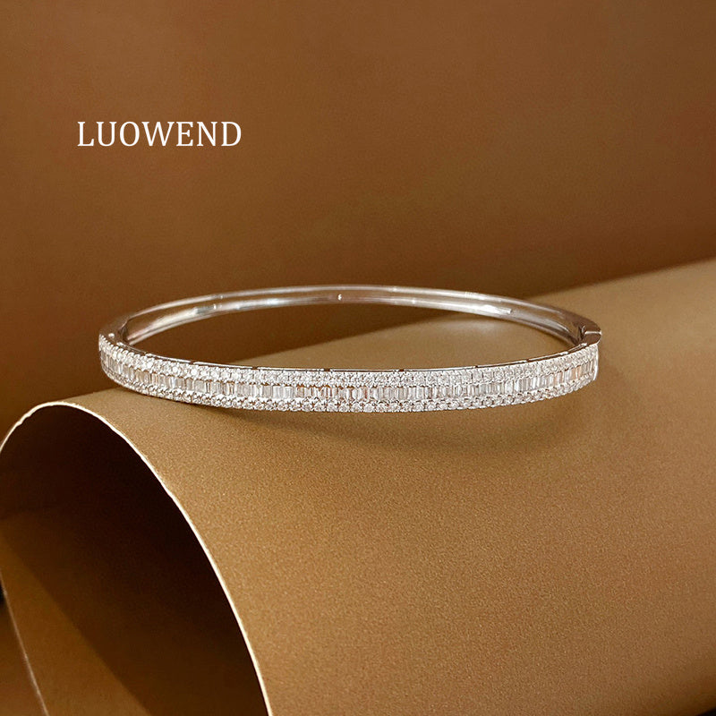 LUOWEND 18K White Gold Natural Diamond Bangle for Women