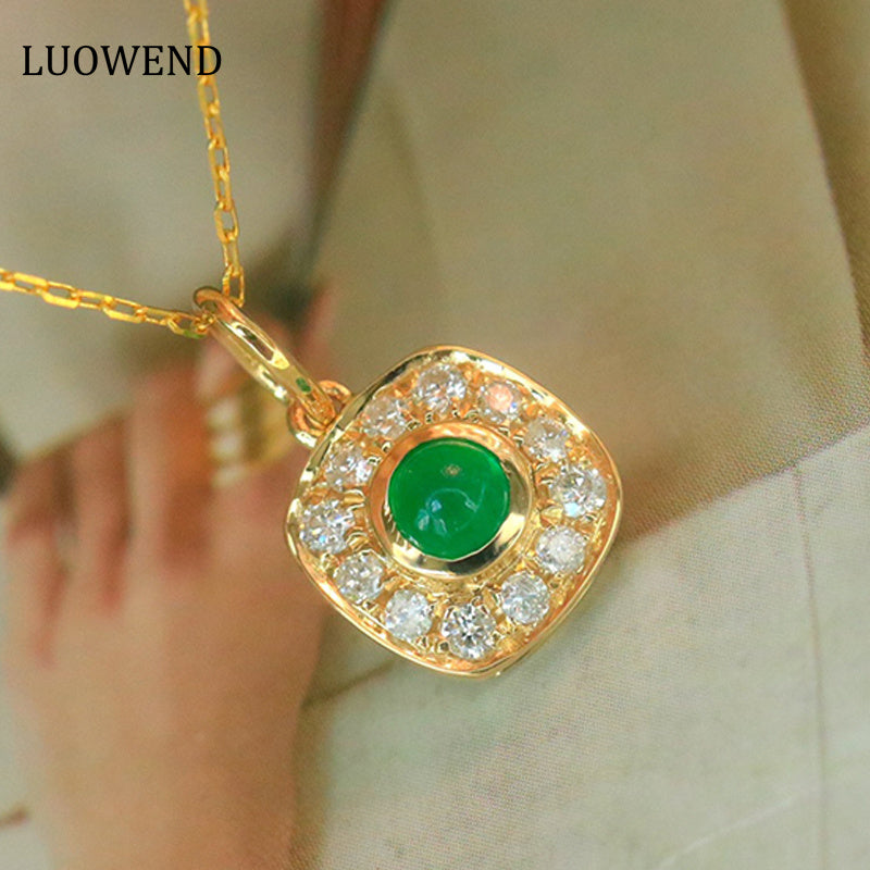 LUOWEND 18K Yellow Gold Real Natural Emerald and Diamond Gemstone Necklace for Women