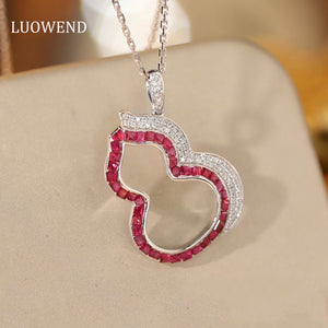 LUOWEND 18K White Gold Real Natural Ruby and Diamond Gemstone Necklace for Women