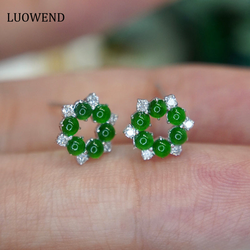 LUOWEND 18K White Gold Real Natural Jadeite and Diamond Gemstone Earrings for Women