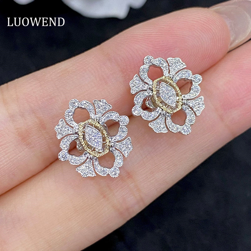 LUOWEND 18K White and Yellow Gold Real Natural Diamond Stud Earrings for Women