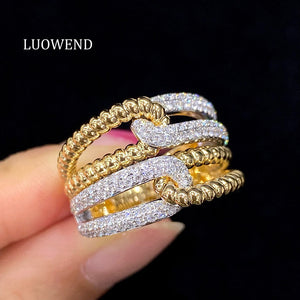 LUOWEND 18K White+Yellow Gold Natural Diamomd Ring for Women
