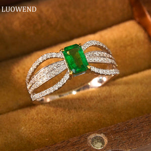 LUOWEND 18K White and Yellow Gold Real Natural Emerald and Diamond Gemstone Ring for Women