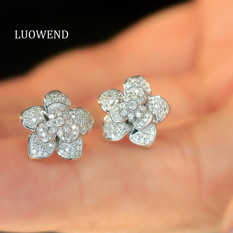 LUOWEND 18K White Gold Natural Diamond Earrings for Women