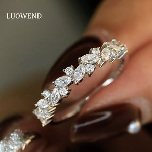LUOWEND 18K White Gold Real Natural Diamond Ring for Women