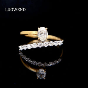 LUOWEND 18K Yellow Gold Real Natural Diamond Ring for Women