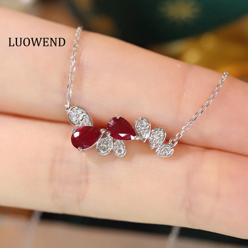 LUOWEND 18K White Gold Real Natural Diamond and Ruby Necklace for Women