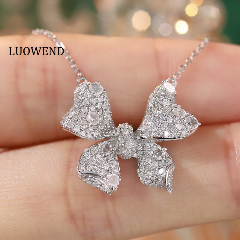 LUOWEND 18K White Gold Real Natural Diamond Pendant Necklace for Women